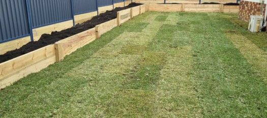 Returfing of a backyard in Coomera, QLD which consists of new colorbond fencing and timber retaining walls. Built by AGC Landscapes